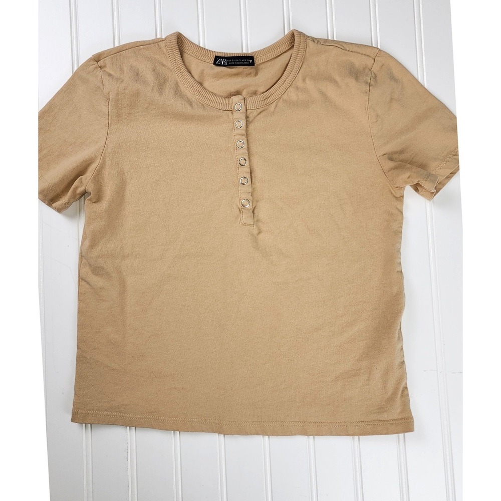Zara Womens Henley Top Size S Tan Beige Short Sleeve Crop All Cotton